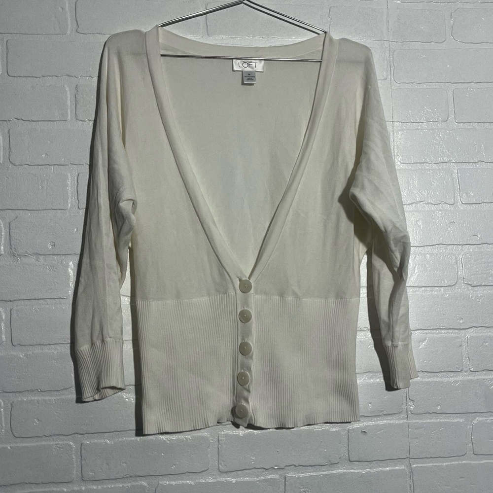 LOFT Womens Cardigan 100% Cotton White V-Neck Button Front 3/4 Sleeve Medium